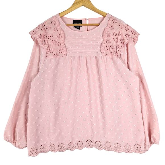 Womens‎ Top 1X Pink Boho Chic Eyelet Crochet Cottagecore Pastel Soft Swiss Dot - Picture 1 of 8
